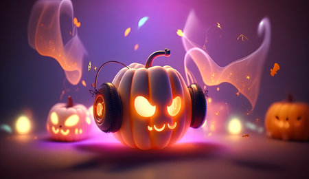 Illustration of fairy pumpkin in headphones. Halloween concept.の素材