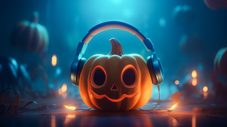 Illustration of fairy pumpkin in headphones. Halloween concept.の素材