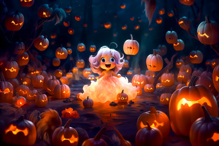 cartoon girl stands in a pumpkin field in the forest. Halloween spirit in the forest.の素材