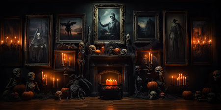 ancient gothic room with fireplace of scary laughing pumpkins and old skulls. Halloween, witchcraft and magic.の素材