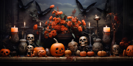 ancient gothic room of scary laughing pumpkins and old skulls. Halloween, witchcraft and magic.の素材