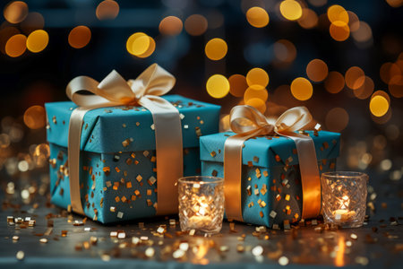 Beautiful gift boxes on the table against blurred festive lights. Christmas celebration. new year conceptの素材