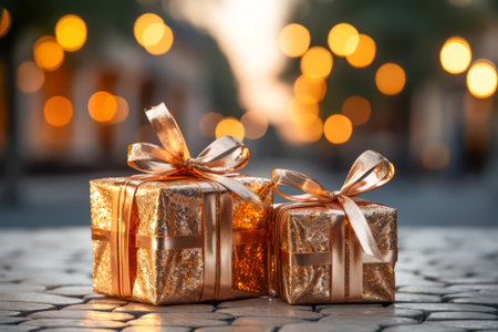 Beautiful gift boxes with ribbons against blurred festive lights outdoor. Christmas celebration. Black Fridayの素材