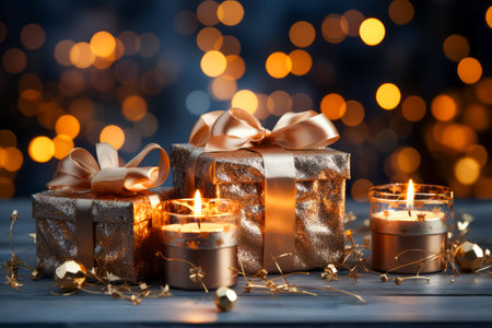 Beautiful gift boxes on the table against blurred festive lights. Christmas celebration. new year conceptの素材