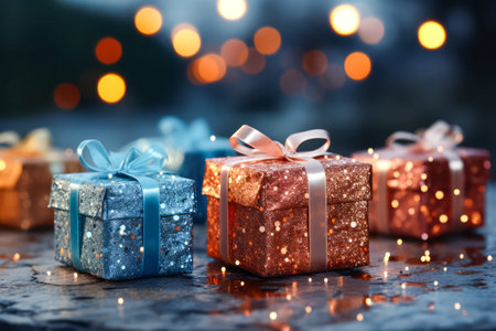 Beautiful gift boxes with ribbons against blurred festive lights outdoor. Christmas celebration. Black Fridayの素材