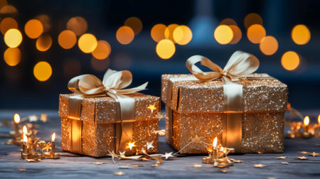 Beautiful gift boxes on the table against blurred festive lights. Christmas celebration. new year conceptの素材