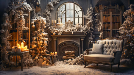 Stylish interior of living room with fireplace decorated Christmas tree. Christmas decoration. New Yearの素材