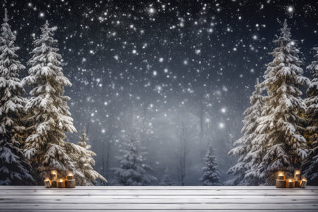 Beautiful Christmas tree in winter landscape, illustration. space for text.の素材