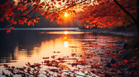 beautiful landscape of autumn trees near the lake. nature composition.の素材