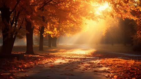 The road in the park strewn with autumn leaves. Autumn landscape of the long road. autumn yellow leaves. autumn concept.の素材