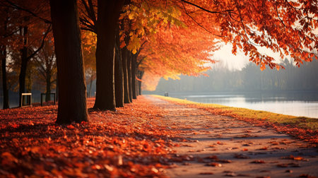 The road in the park strewn with autumn leaves. Autumn landscape of the long road. autumn yellow leaves. autumn concept.の素材