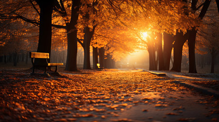 The road in the park strewn with autumn leaves. Autumn landscape of the long road. autumn yellow leaves. autumn concept.の素材