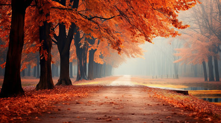 The road in the park strewn with autumn leaves. Autumn landscape of the long road. autumn yellow leaves. autumn concept.の素材