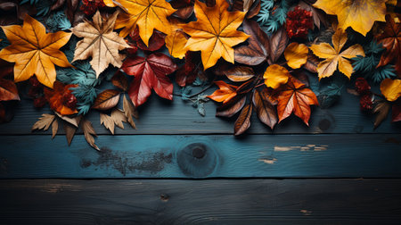 Border frame of colorful autumn leaves isolated on wooden background. Autumn, fall, thanksgiving day, nature concept. Flat lay, top view, copy space.の素材