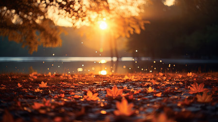Closeup of autumn foliage on wet road background blur.の素材