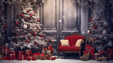 Stylish interior of living room with decorated Christmas tree. Christmas decoration. New Yearの素材