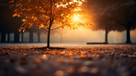 autumn background. Yellow, red, orange tree during autumn season with warm sunlight Beautiful nature scene.の素材