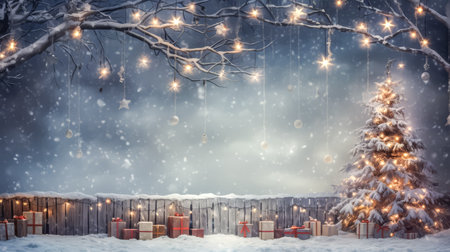 winter yard with Christmas decorations and Christmas tree, space for text. Christmas background.の素材