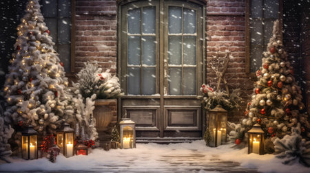 winter yard with Christmas decorations and Christmas tree, space for text. Christmas background.の素材