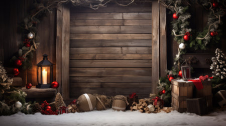 winter yard with Christmas decorations and Christmas tree, space for text. Christmas background.の素材