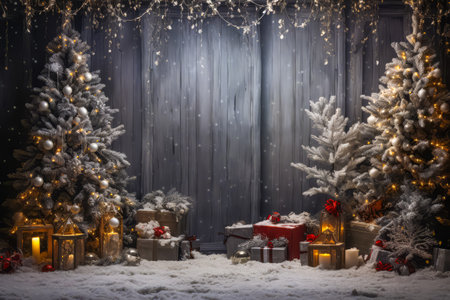 Christmas tree and heap of gift boxes and space for text over wall. Christmas background.の素材