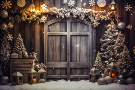 winter yard with Christmas decorations and Christmas tree, space for text. Christmas background.の素材