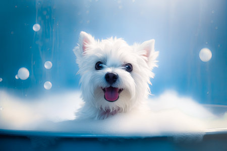 Funny puppy sitting in bathtub waiting for grooming. Banner for pet shop, grooming salon. Space for text. Generative AIの素材