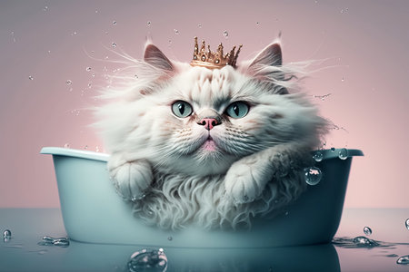 illustration of breedly cat with crown laying in the bath. grooming animal concept.の素材