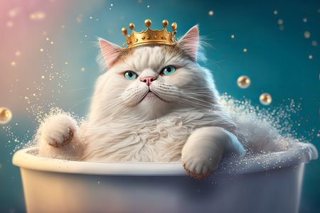 illustration of breedly cat with crown laying in the bath. grooming animal concept.の素材