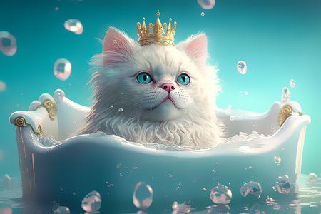 illustration of breedly cat with crown laying in the bath. grooming animal concept.の素材