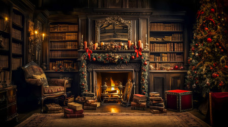 Stylish interior of living room with fireplace decorated Christmas tree. Christmas decoration. New Yearの素材