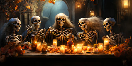 illustration of skeletons which sitting at festive table and celebrating Halloween. Halloween party.の素材