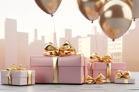 gift festive boxes, with pink and gold balloons with space for text. happy birthday, valentines day, sales concept.の素材