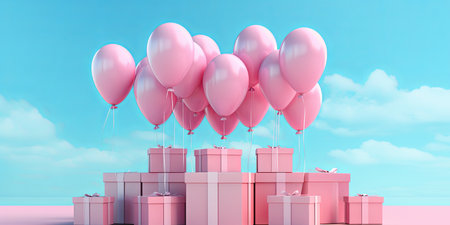 gift festive boxes with balloons with space for text. valentines day, happy birthday, black fridayの素材