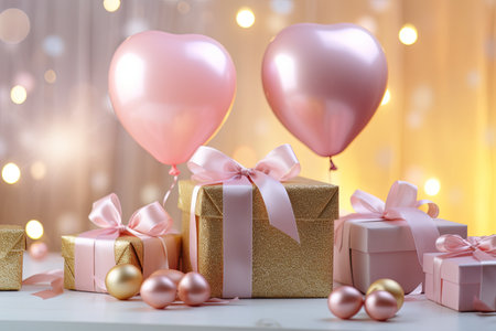 festive gift boxes and heart shape balloons with space for text. valentines day, happy birthday, black fridayの素材