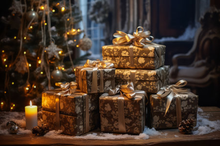 heap of gift boxes under Christmas tree and space for text. Christmas background.の素材