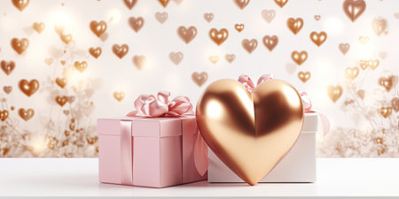 festive gift boxes and heart shape balloons with space for text. valentines day, happy birthday, black fridayの素材