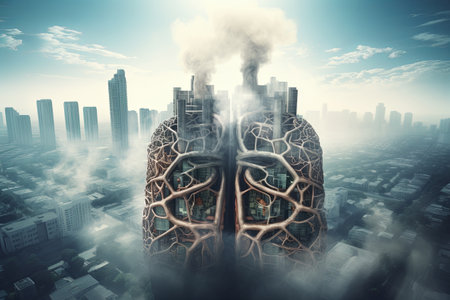 Illustration of Human Lungs with Industrial pipes on city background, Air Pollution, Ecological Problems.の素材