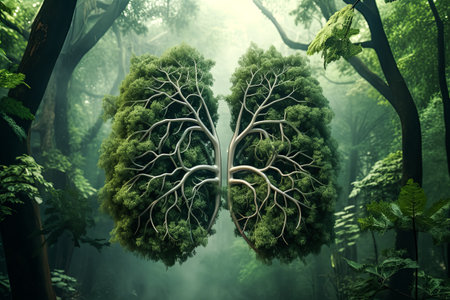 Green tree lungs isolated on green forest. Healthy and medicine or Natural green environment concept.の素材