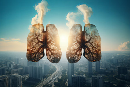 Illustration of Human Lungs with Industrial pipes on city background, Air Pollution, Ecological Problems.の素材
