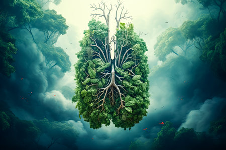 Green tree lungs isolated on green forest and clouds. Healthy and medicine or Natural green environment conceptの素材