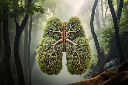Green tree lungs isolated on green forest. Healthy and medicine or Natural green environment concept.の素材