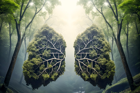 Green tree lungs isolated on green forest. Healthy and medicine or Natural green environment concept.の素材