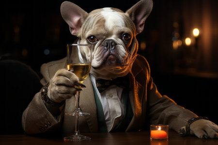 Festive clothing bulldog sitting with glass of champagne. Celebrating concept.の素材