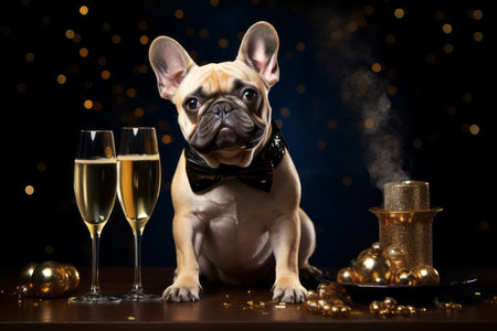 Festive clothing bulldog sitting with glass of champagne. Celebrating concept.の素材
