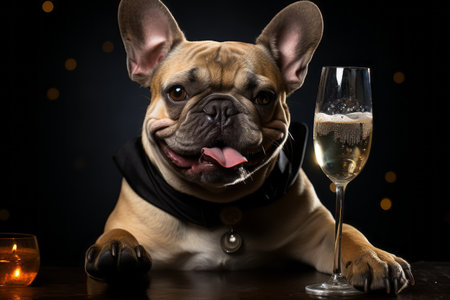 Festive clothing bulldog sitting with glass of champagne on black background. Celebrating concept.の素材