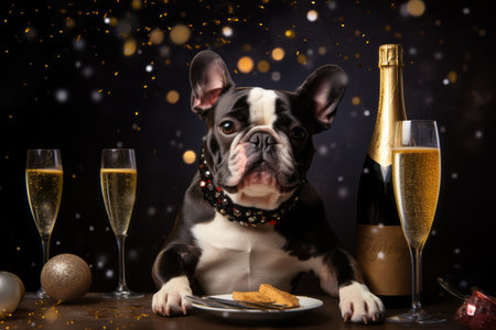 Festive clothing bulldog sitting with glass of champagne. Celebrating concept.の素材