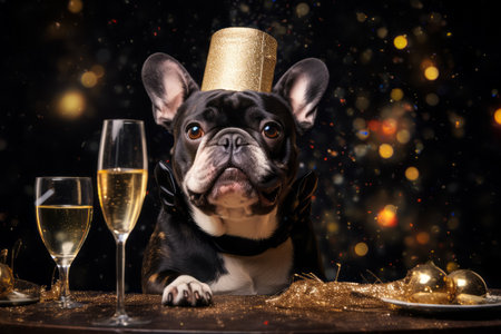 Festive clothing bulldog sitting with glass of champagne. Celebrating concept.の素材