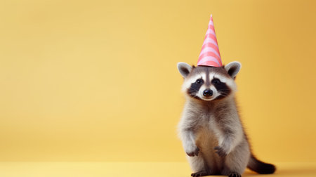 Festive clothing raccoon on colorful background. celebration, birthday, party concept.の素材