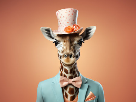 Festive clothing giraffe on colorful background. celebration, birthday, valentine day, party concept.の素材